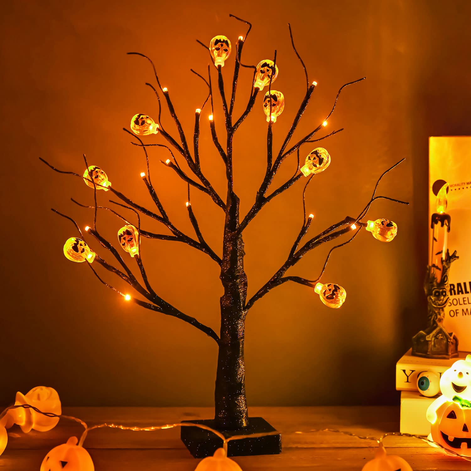 ZHOUDUIDUI 2Pack Halloween Tree, Black Spooky Tree with 24LED Orange Lights and 10 Pumpkin Ornaments Battery Powered 18IN Lighte