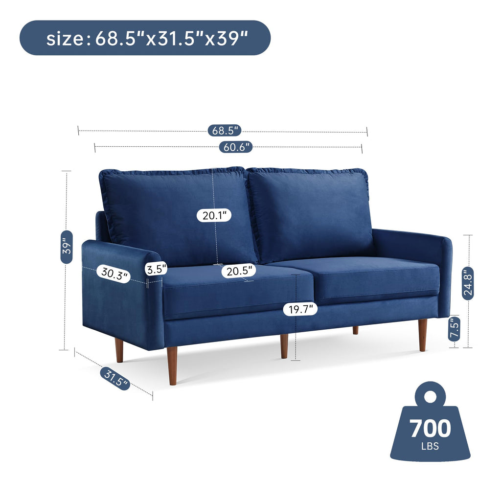 American Furniture Classics Blue 69 Inch Wide Upholstered Two Cushion Sofa with Cambered Arms Velvet, 69" x 32" x 39"