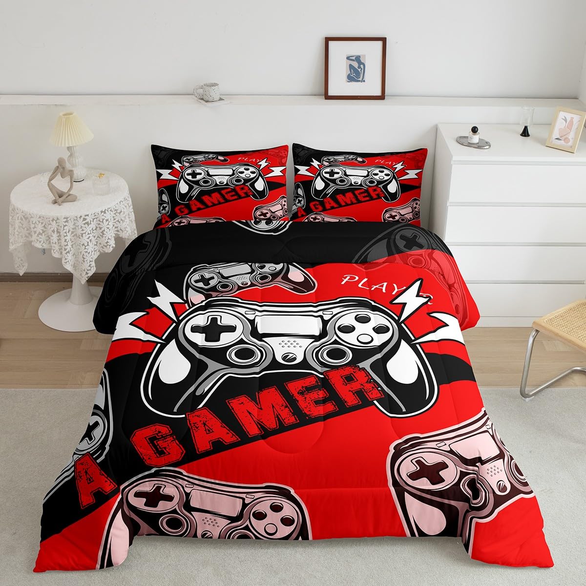 Erosebridal Gaming Comforter Sets For Boys Kids Gamer Comforter Set,Video Game Bedding Set Red Black Gamepad Quilt Duvet Set Men