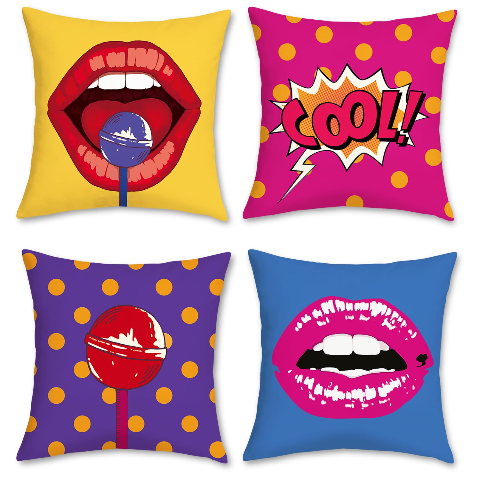 Bonhause Pop Art Throw Pillow Covers 18 X 18 Inch Lips Polka Dots Comic Decorative Pillow Cases Soft Velvet Cushion Covers For S