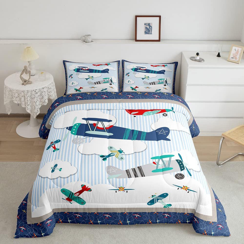 Airplane King Size Comforter Set Kids Blue Stripes Decor All Season Bedding Set For Girls Teens Aviation Aircraft Comforter Mode