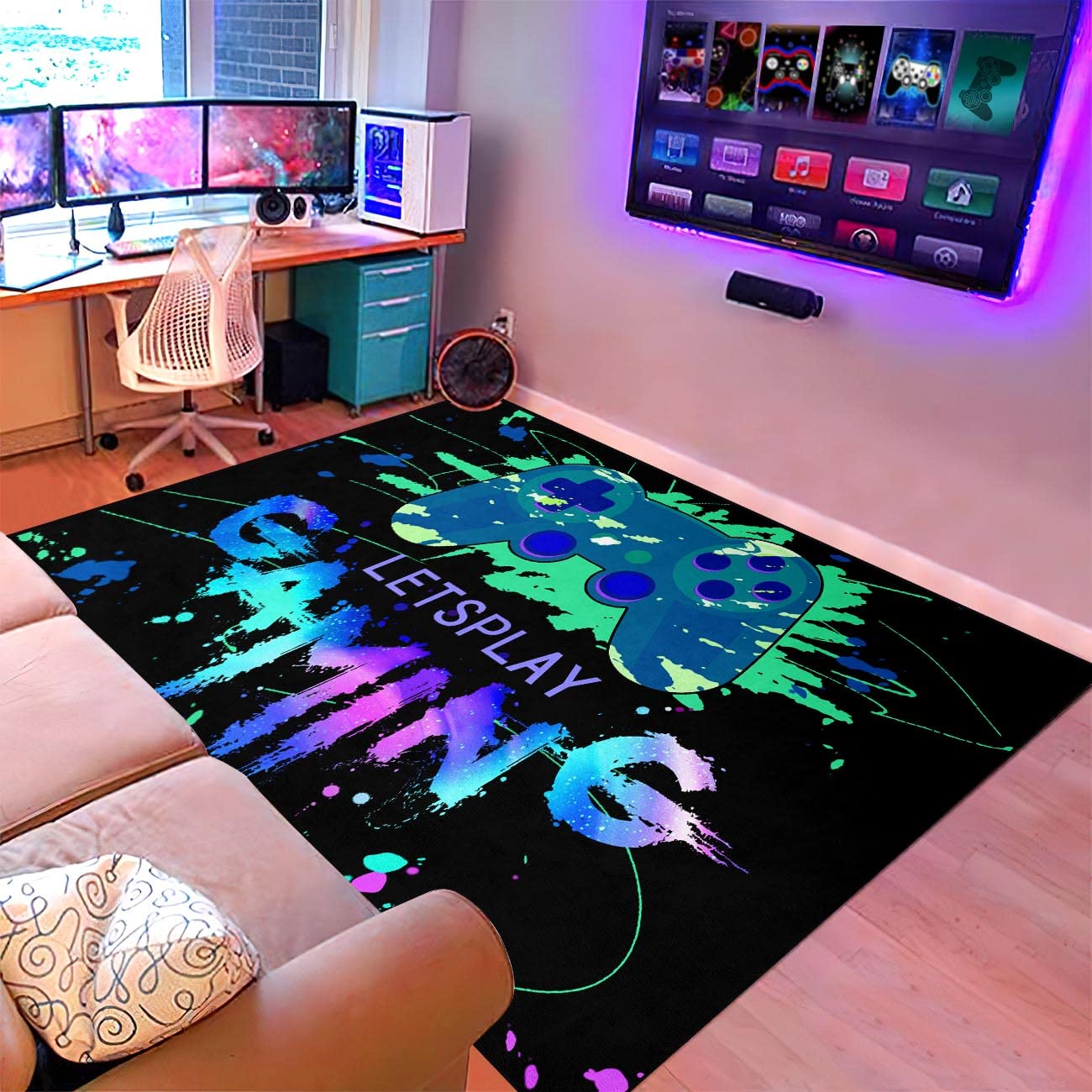 Gamer Rugs For Bedroom Boys, Colorful Video Gaming Gamepad Carpet Decor Boys Room, Blue Gaming Rugs For Bedroom Living Room Play
