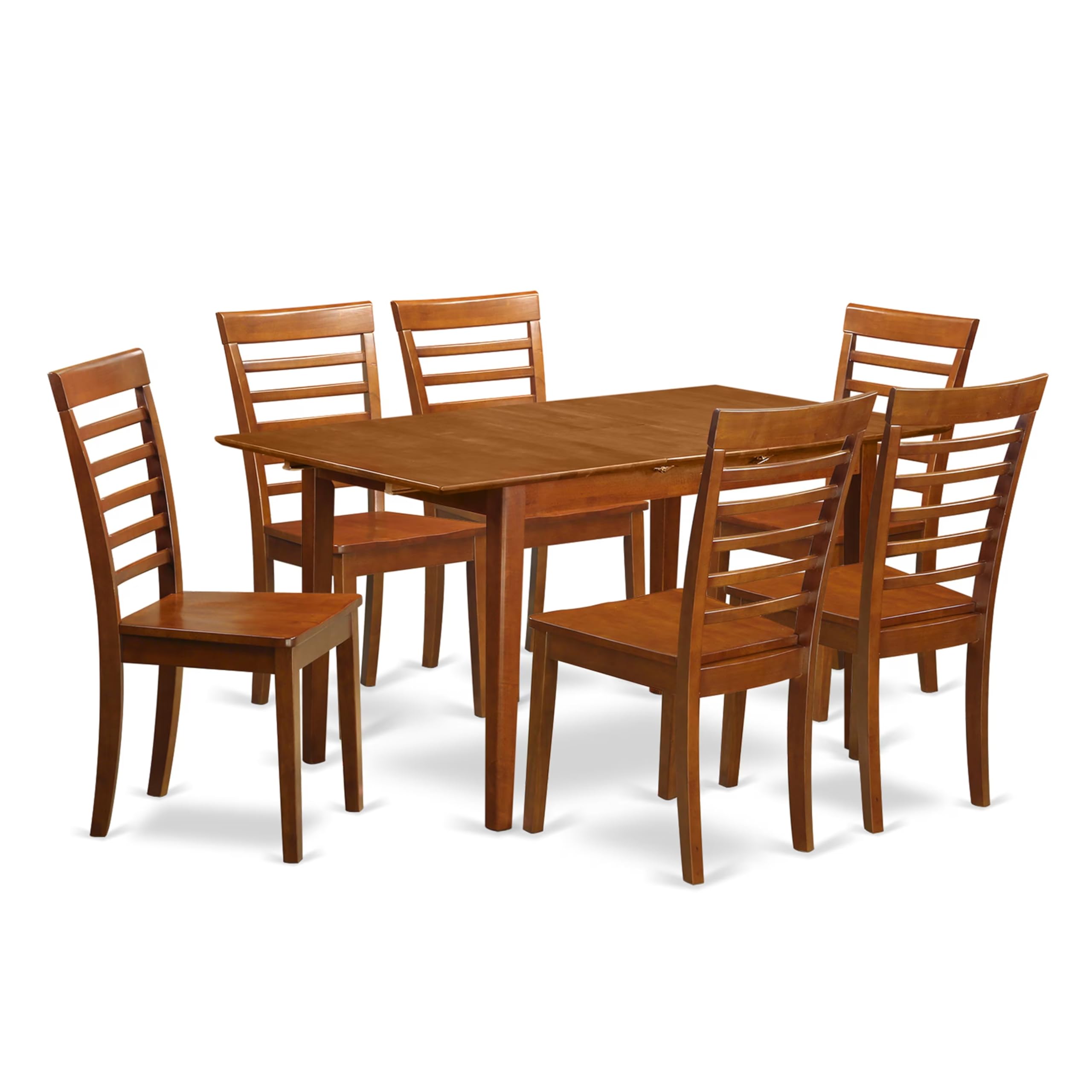 East West Furniture PSML7-SBR-W 7 Piece Dining Table Set Consist of a Rectangle Dining Room Table with Butterfly Leaf and 6 Wood Seat Chairs, 32x60 Inch, Saddle Brown