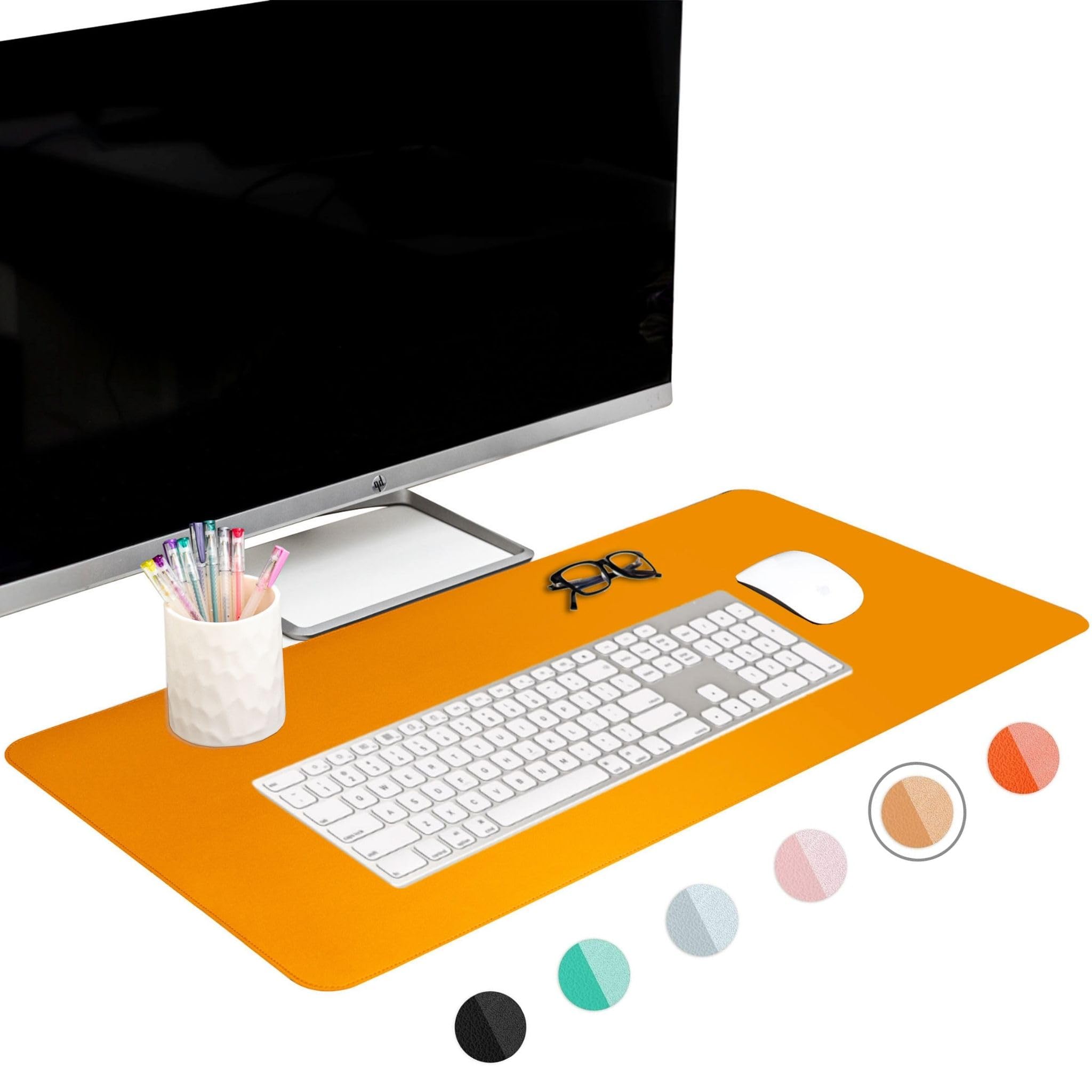 Ftc Pu Leather Desk Pad And Blotter, Non-Slip Flannelette Base (Camel 31.5 X 15.75), Stitched Mouse Pad For Office, Computer Gam