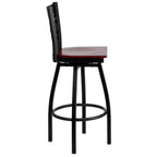 Flash Furniture HERCULES Series Black ''X'' Back Swivel Metal Barstool - Mahogany Wood Seat