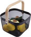 Perizone Metal Wire Fruit Basket With Wooden Handle | Square Mesh Steel Kitchen Storage Basket | MultiFunctional Organizer For 