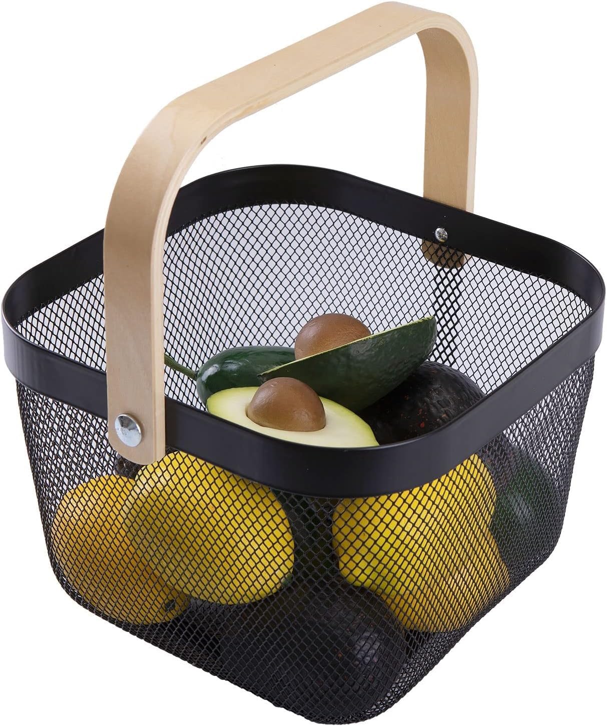 Perizone Metal Wire Fruit Basket With Wooden Handle | Square Mesh Steel Kitchen Storage Basket | MultiFunctional Organizer For 