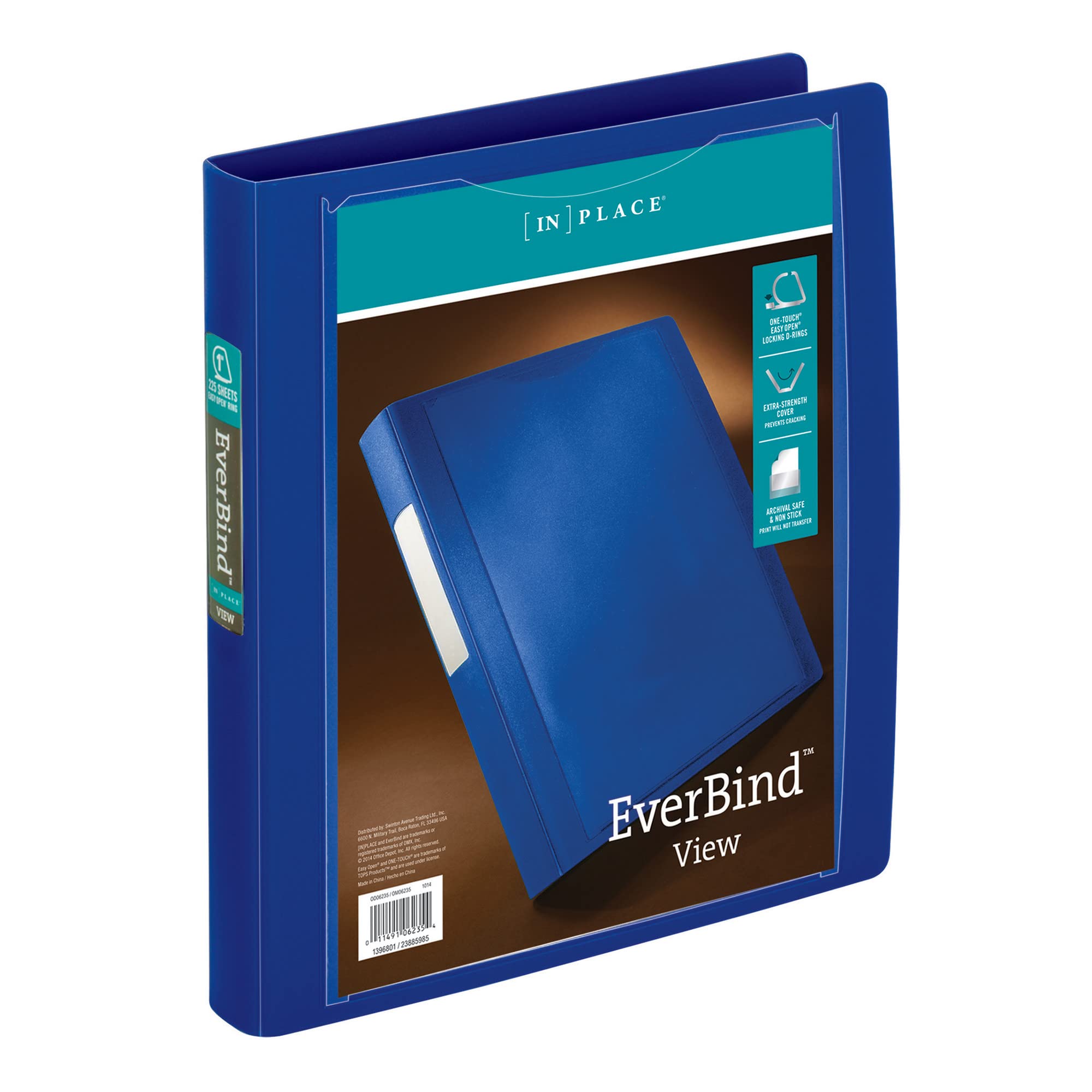 Office Depot Brand Everbind View Binder With One-Touch Easyopen Locking D-Ring, 1' Rings, Blue