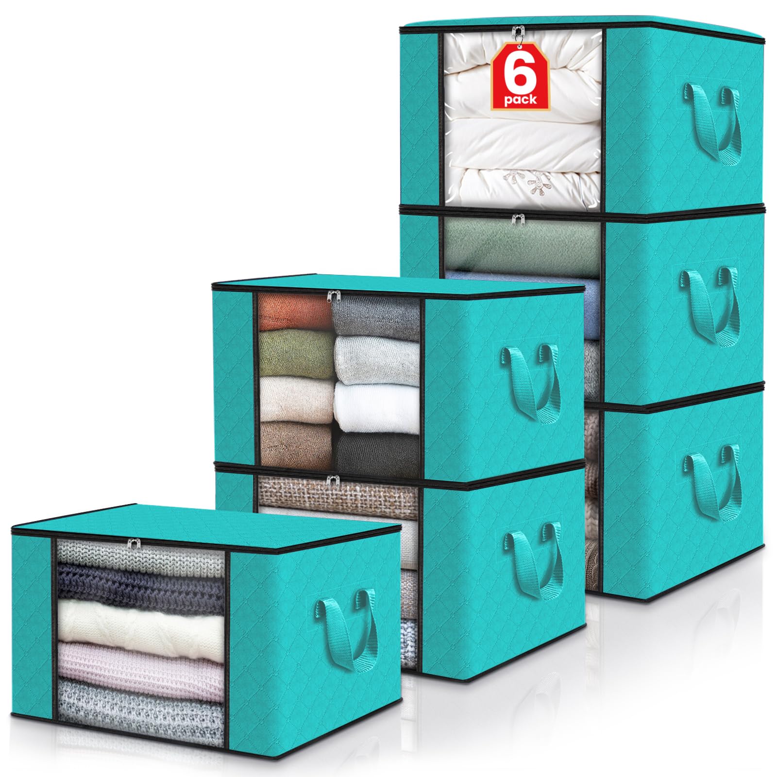 Fab Totes 6 Pack Clothes Storage, Foldable Thick Fabric Blanket Storage Bags, Storage Containers For Organizing Bedroom, Closet,