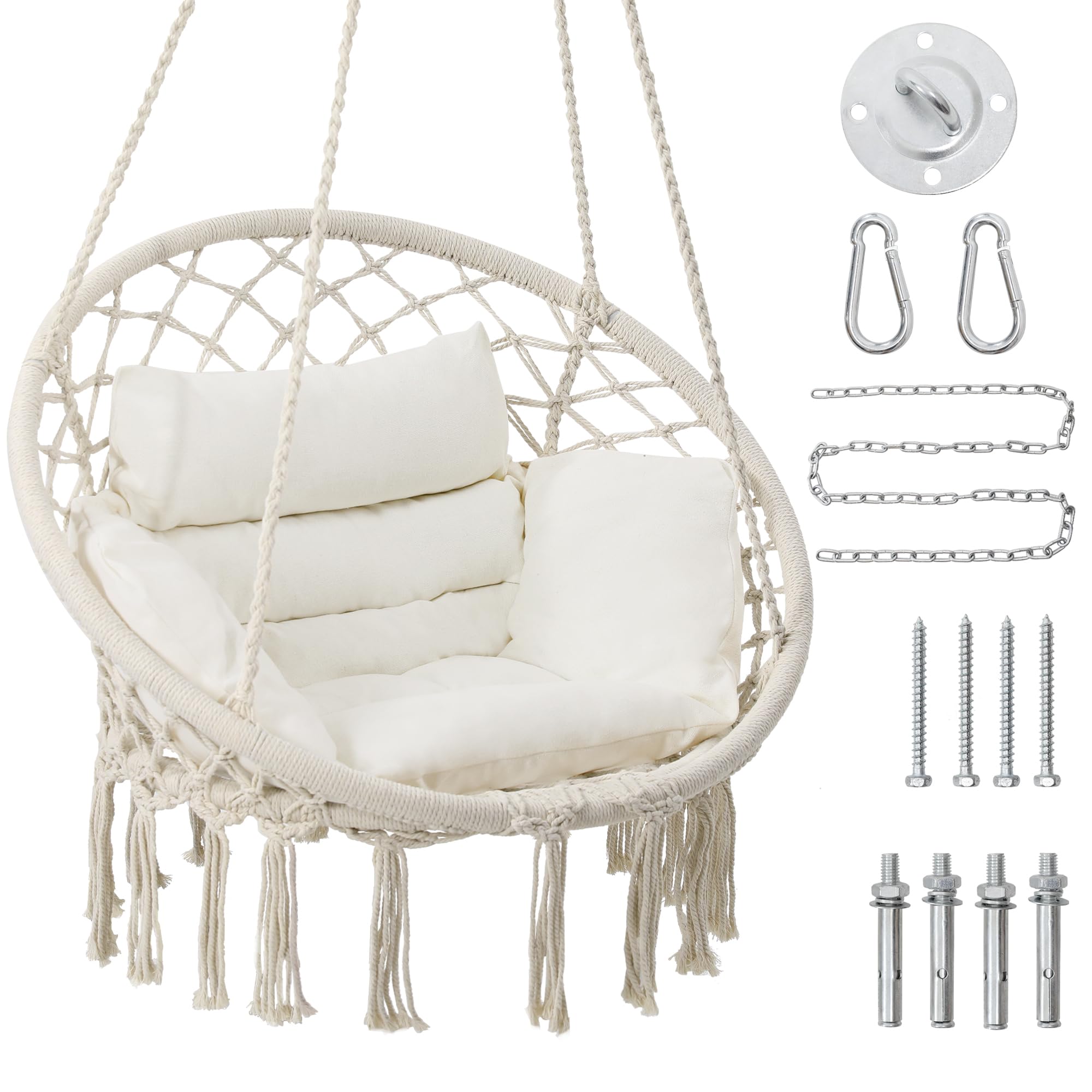 Krofem Macrame Hammock Hanging Swinging Chair With Medium Cushion, Perfect For Bedroom, Porch, Adults, Balcony, Beige