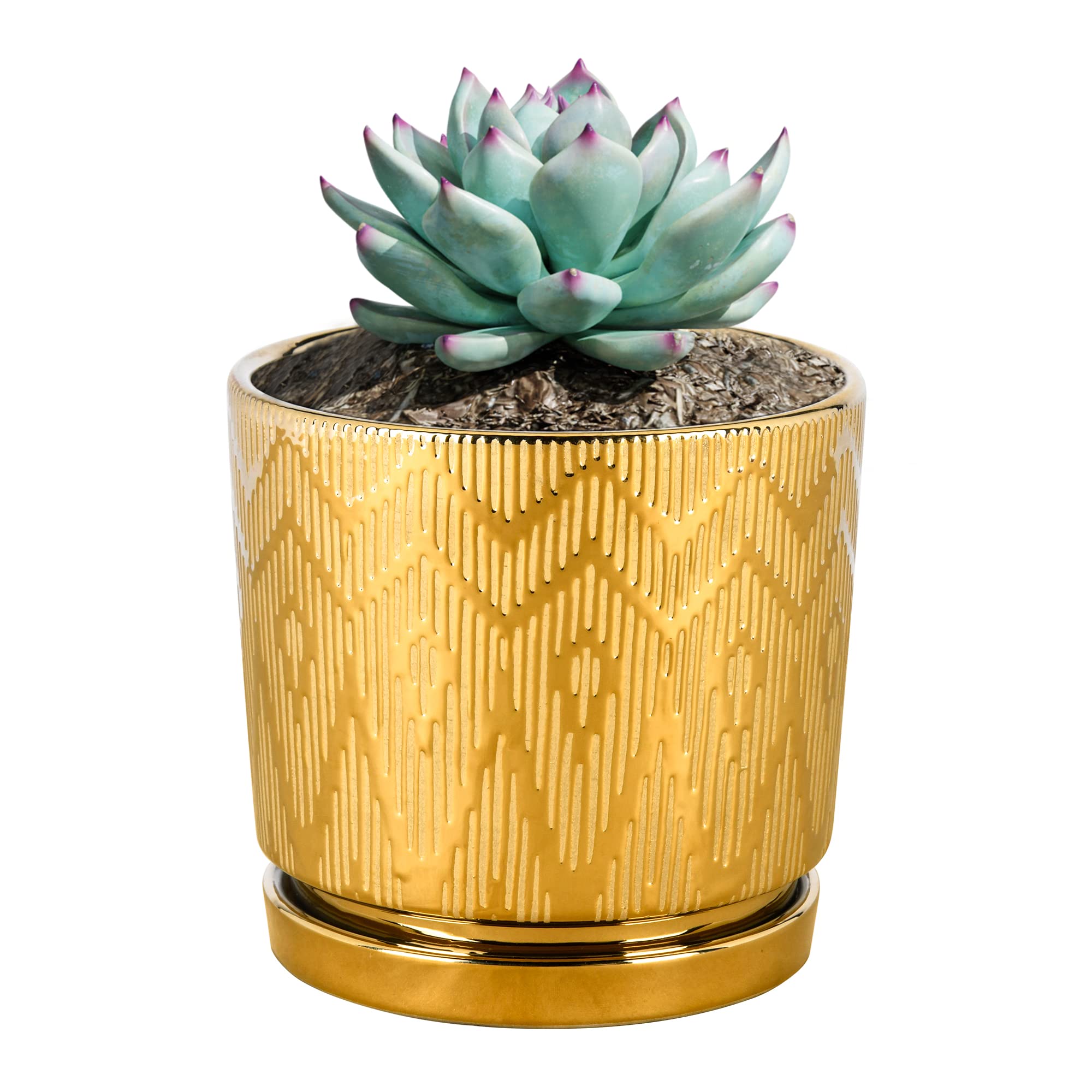 Ton Sin Gold Plant Pots,5.5 Inch Flower Pots With Drainage Holes,Round Indoor Pot For Plants Ceramic Planters With Saucer,Outdoo