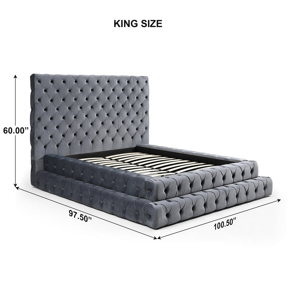 Better Home Products Eleonora Velvet King Bed - Luxurious Upholstered Design with Deep Button Tufting in Gray (Gray, King)
