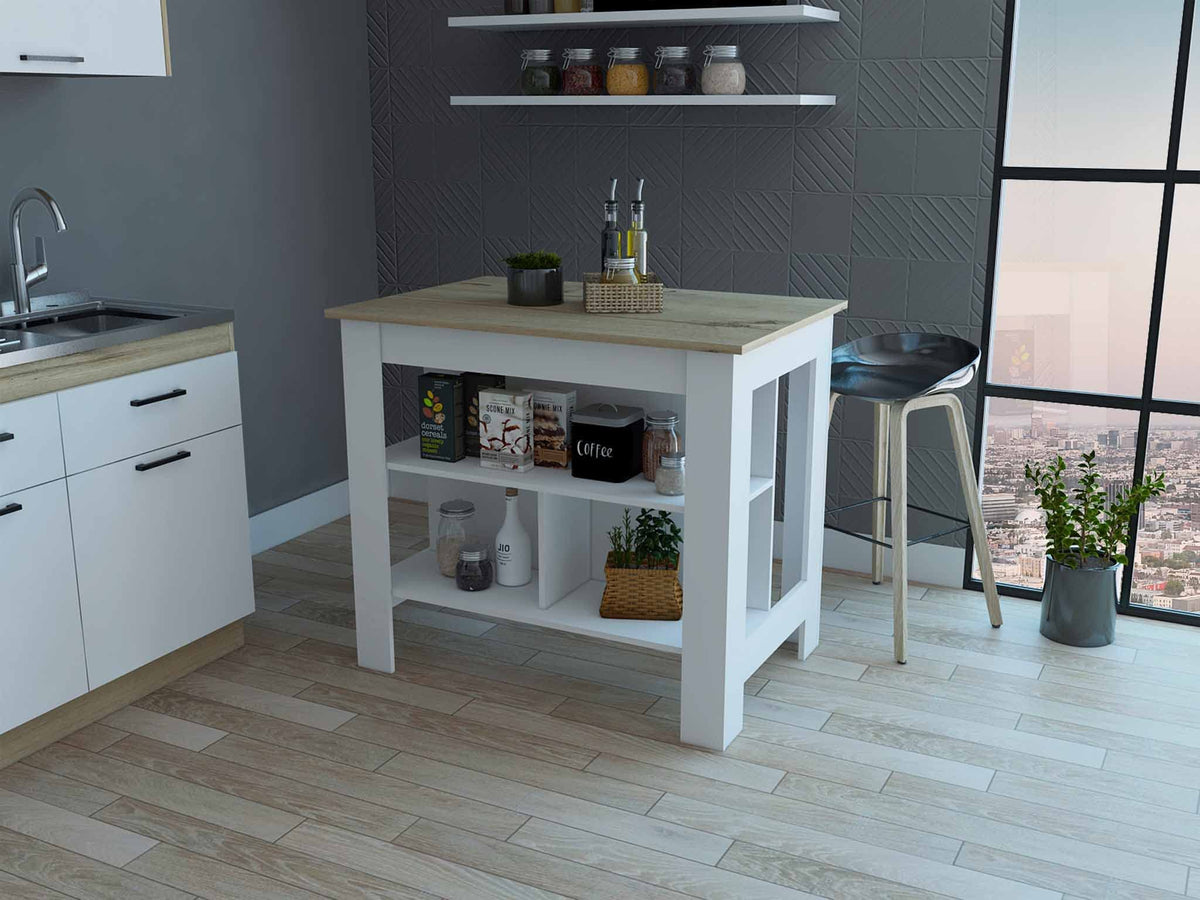 HomeRoots White - Light Oak Particle Board Light Oak and White Kitchen Island with Three Storage Shelves