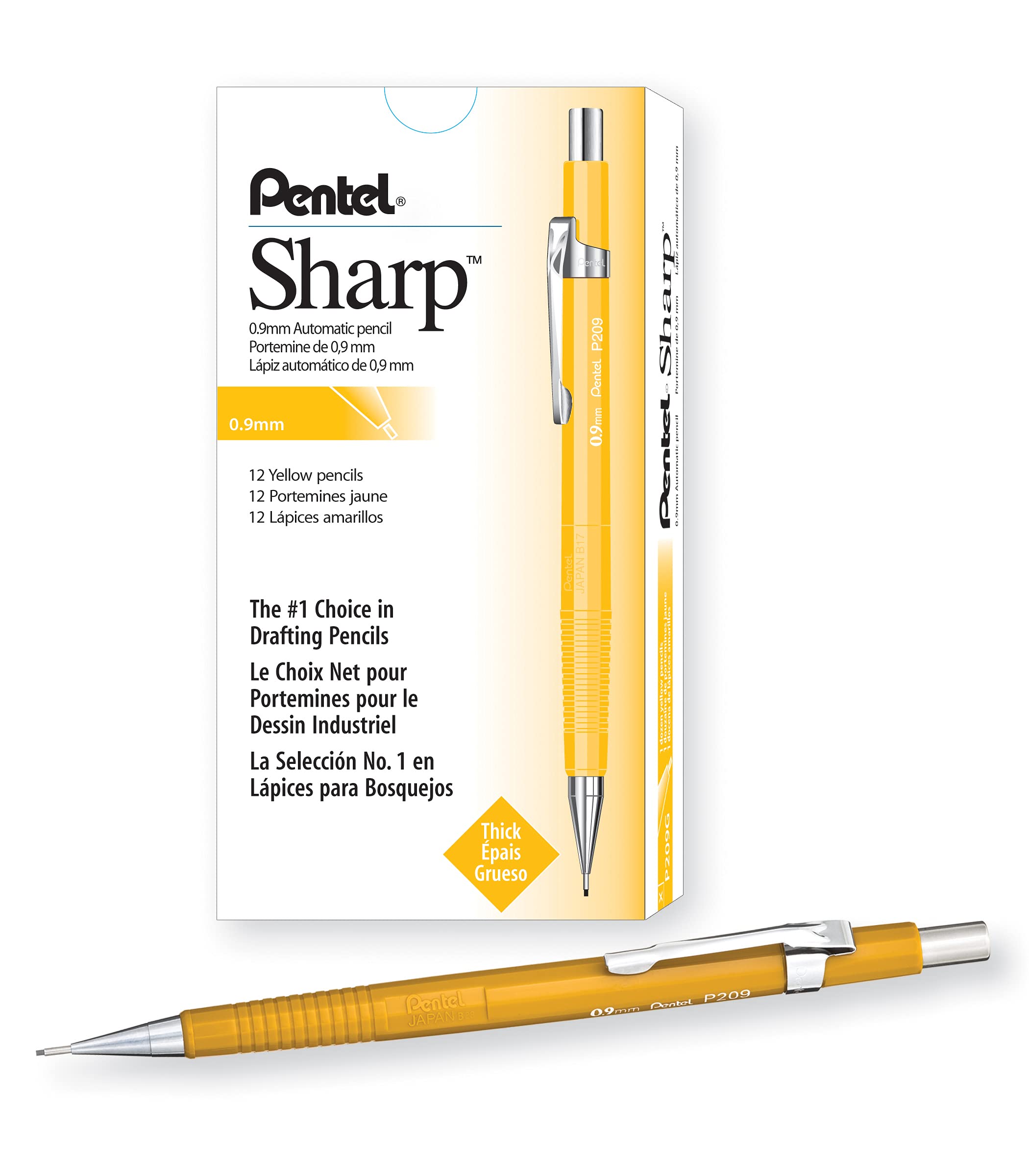 Pentel Sharp Automatic Pencil, 0.9Mm Lead Size, Yellow Barrel, Box Of 12