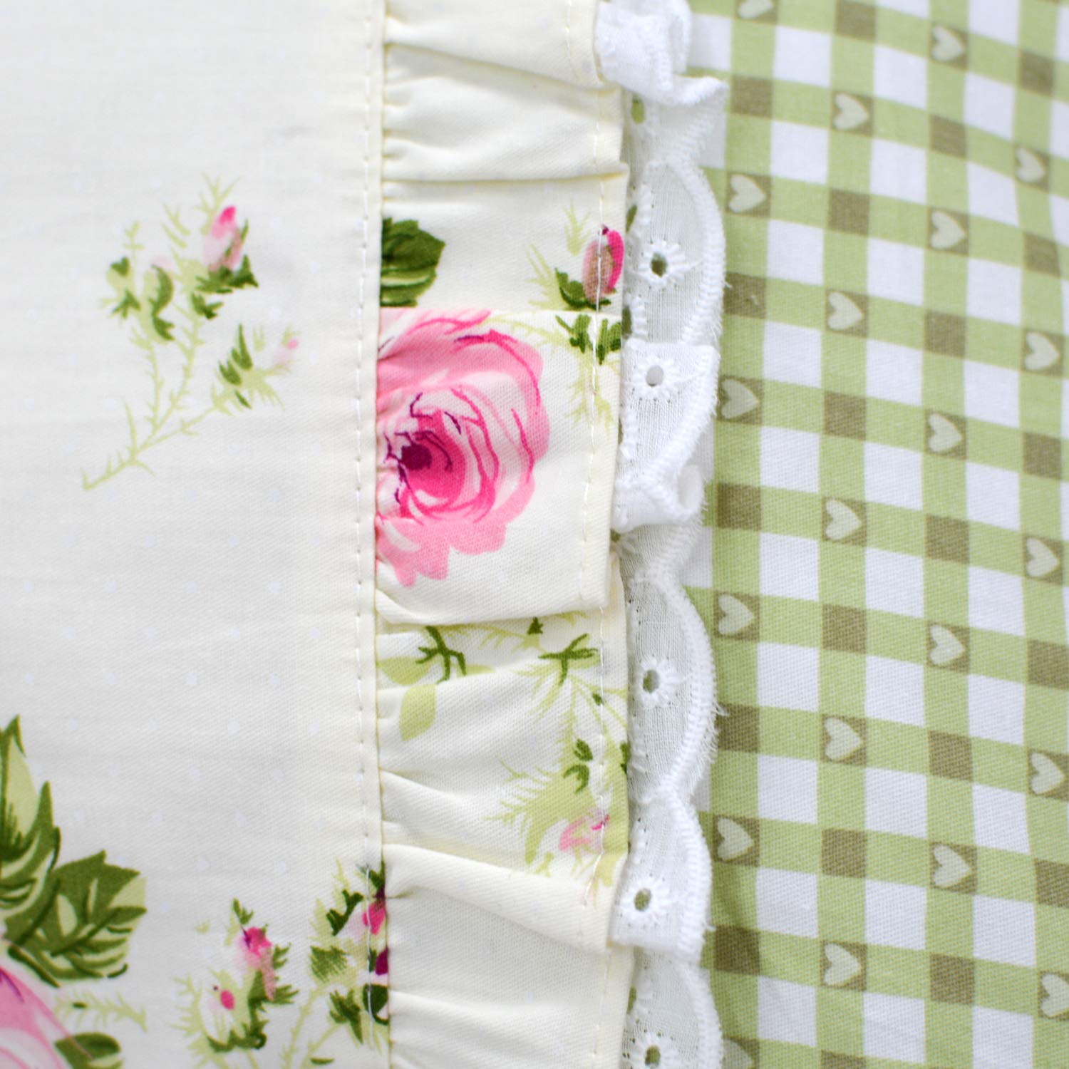 Fadfay Farmhouse Style Pillowcases Pink Rosetta Printed Gold With Green Plaid Elegant Country Style 100% Cotton Vintage Lace Ruf