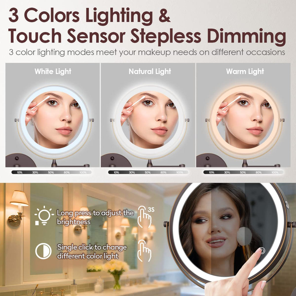 Rocollos Rechargeable Wall Mounted Lighted Makeup Mirror, 8 Inch Double-Sided Led Vanity Mirror 1X/10X Magnification,3 Color Lig