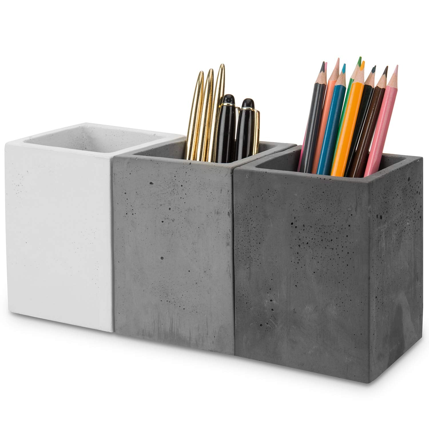 Mygift Modern Gray-Tone Concrete Desktop Pencil Holder Cup And Pen Holder, Office Stationery Organizer, Set Of 3