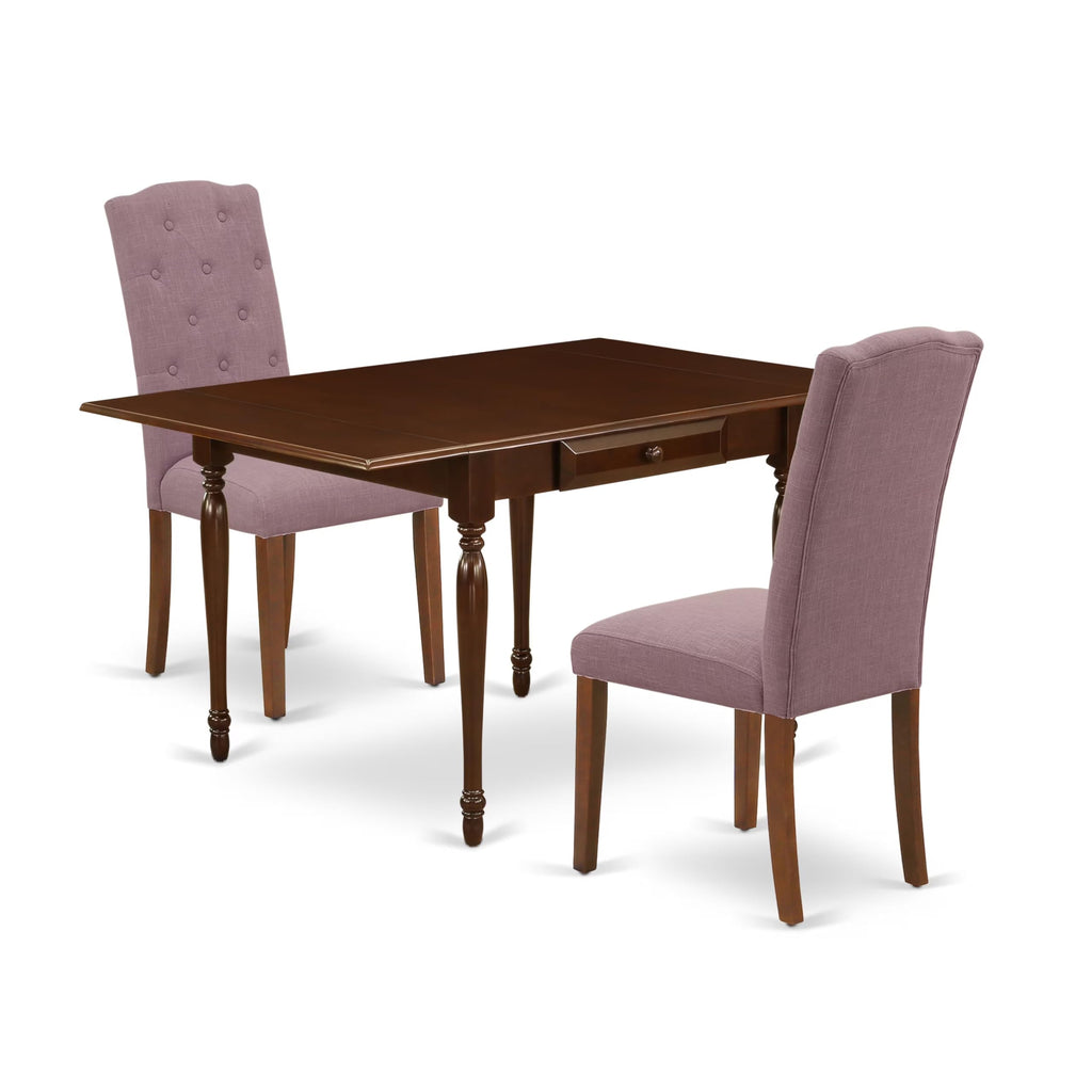 East West Furniture 1MZCE3-MAH-10 3 Piece Dining Room Furniture Set Contains a Rectangle Dining Table with Dropleaf and 2 Dahlia Linen Fabric Parsons Chairs, 36x54 Inch, Mahogany