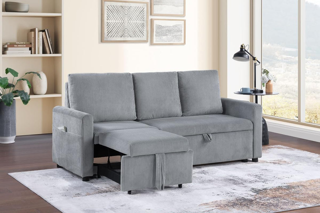 Lilola Home Oswin 70' W Gray Corduroy Sofa with Pull-Out Chaise, Underseat Storage, Side Pocket