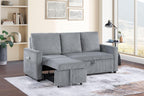 Lilola Home Oswin 70' W Gray Corduroy Sofa with Pull-Out Chaise, Underseat Storage, Side Pocket
