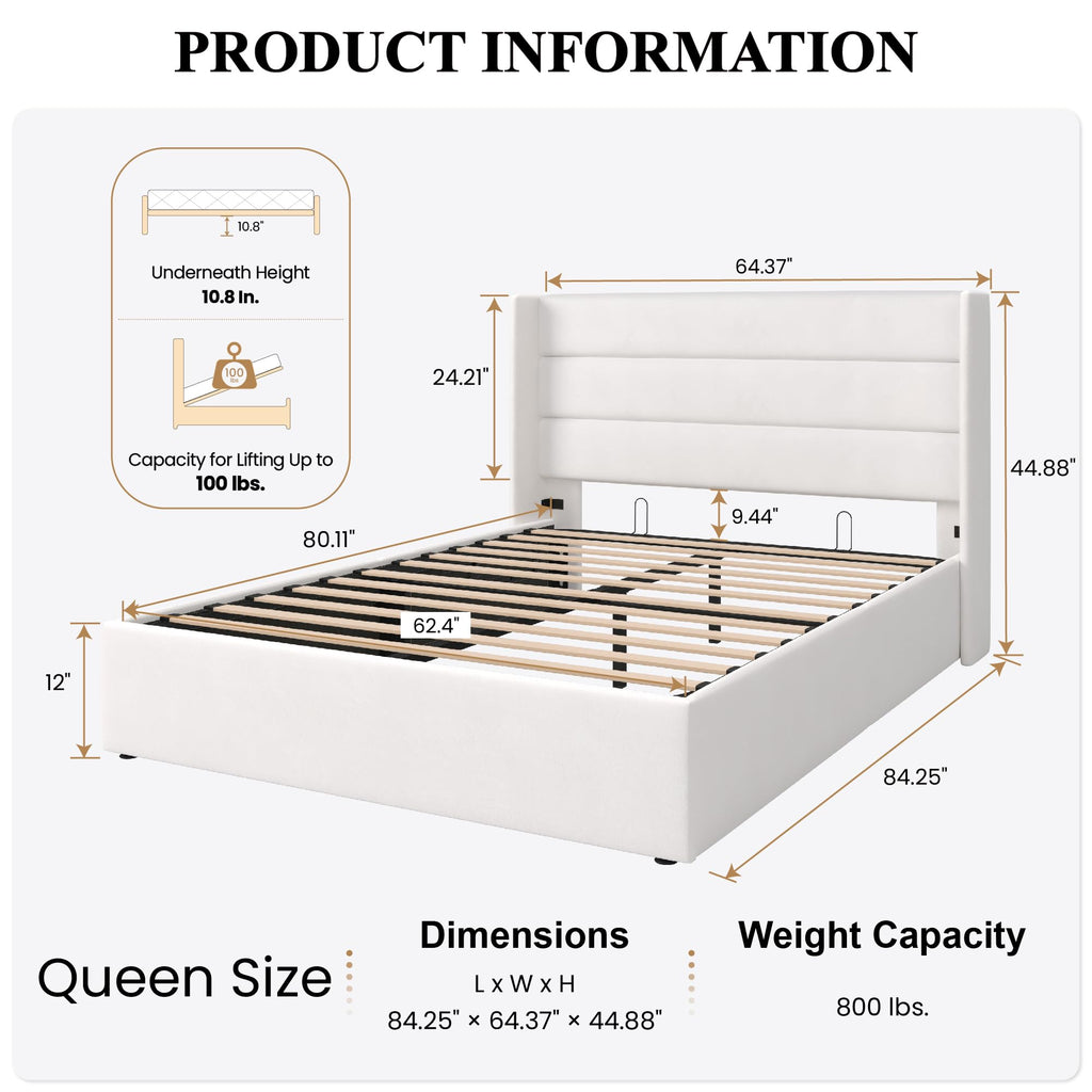 Sha Cerlin Queen Size Lift Up Storage Bed/Velvet Upholstered/Modern Wingback Headboard/Upholstered Platform Bed Frame/Hydraulic Storage/No Box Spring Needed/White