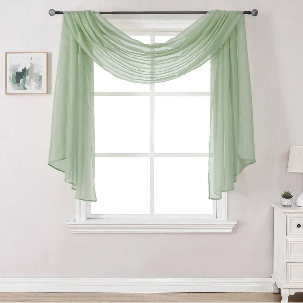 DONREN 144 Inches Long Window Scarf for Party - Luxury Soft Semi Sheer Scarf Valance for Wedding (1 Panel,Sage Green)