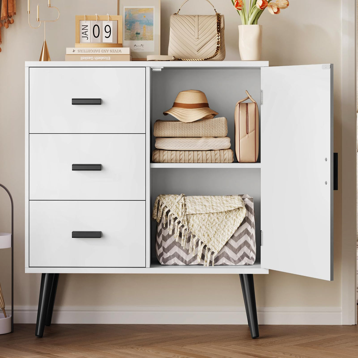 Iwell White Cabinet With 3 Drawers, Sideboard Buffet Cabinet With Adjustable Shelf, Small Storage Cabinet, Bathroom Storage Cabinet, Credenza, Entryway Cabinet For Living Room