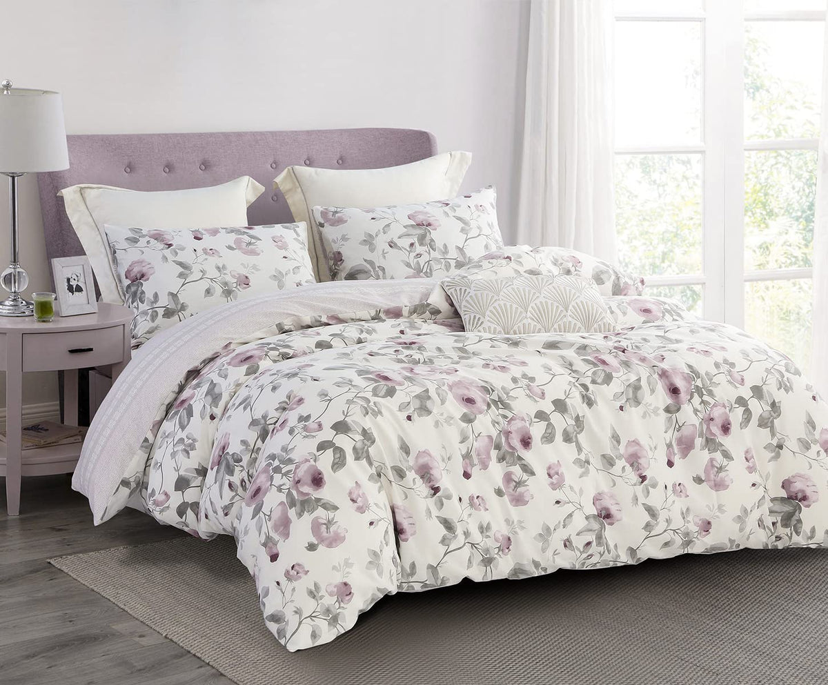 Sleepbella Comforter King Size, 600 Thread Count Cotton White Print With Purple Flowers Reversible Comforter Sets, Down Alternat