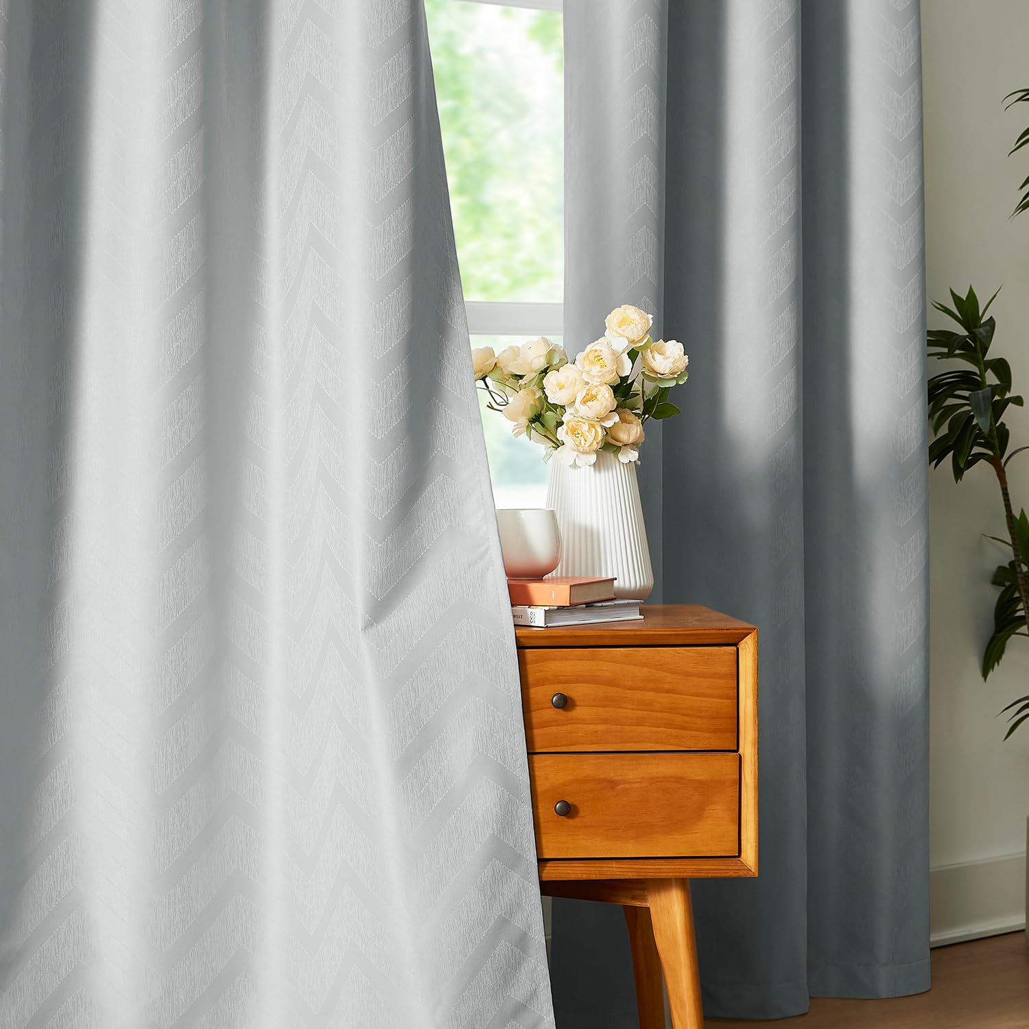 Chevron Blackout Curtains for Bedroom 63'' Grey Jacquard Woven Blackout Window Treatment Set for Men Guest Room Nursery Thermal 