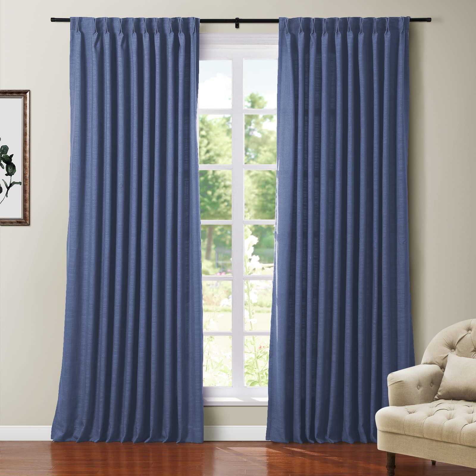 Twopages Faux Linen Navy Blue Blackout Curtain For Bedroom Living Room Thermal Insulated Drape With Pinch Pleat And Back Tab Top