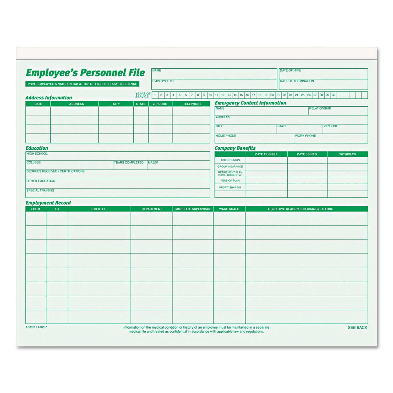 Tops 3287 Employee Record File Folders, Straight Cut, Letter, 2-Sided, Green Ink (Pack Of 20)