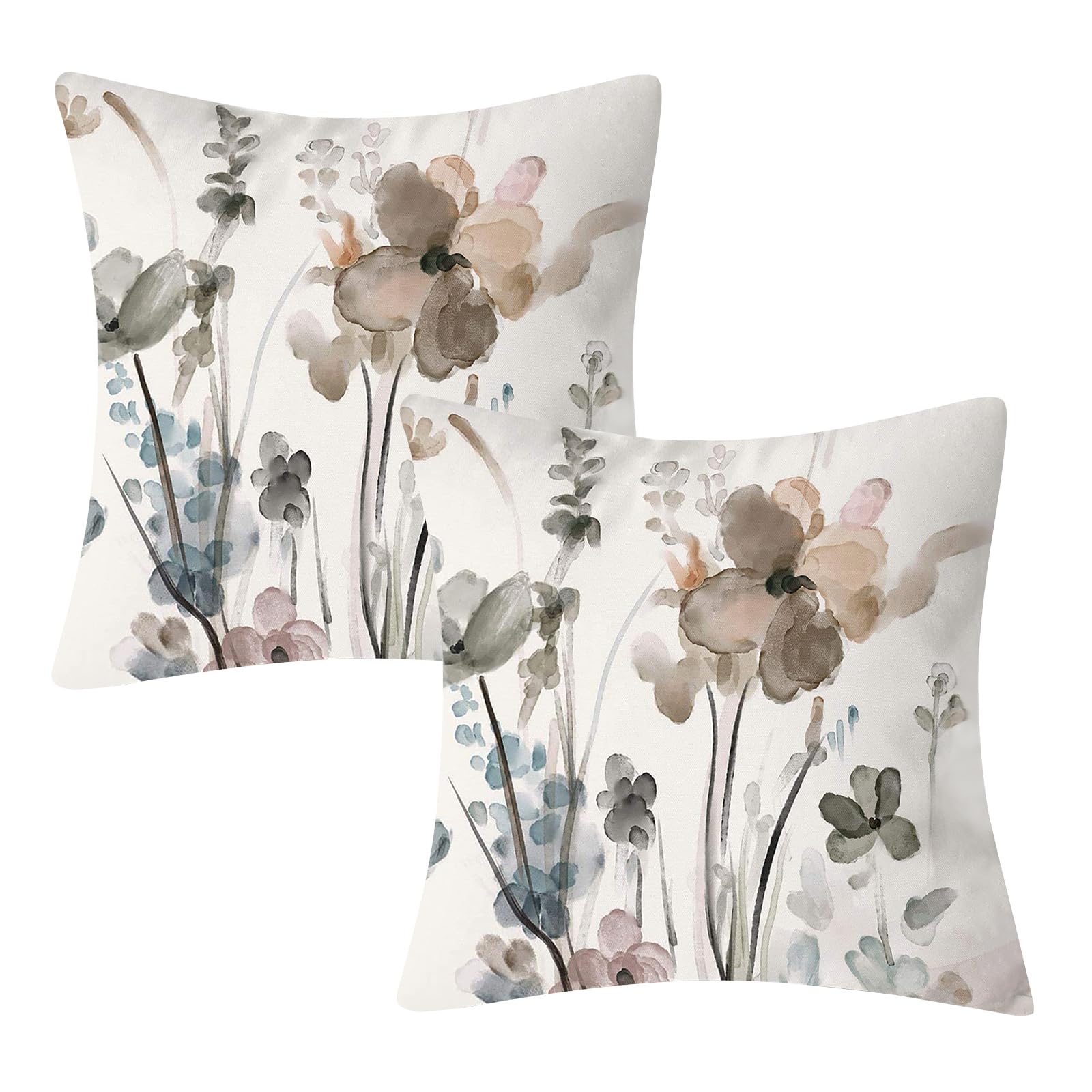 Dixutzi Floral Pillow Covers 18X18, Watercolor Teal Brown Cream Grey Flower Pillow Cushion Cases, Abstract Modern Decorative Thr