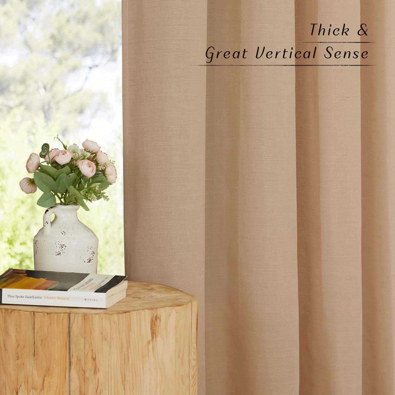 Nicetown Camel Linen Window Curtains 84 Inches Long, Grommet Thick Flax Semi-Sheer Light Filtering Curtains & Drapes Privacy Assured With Light Filtering For Living Room, W55 X L84, 2 Pieces