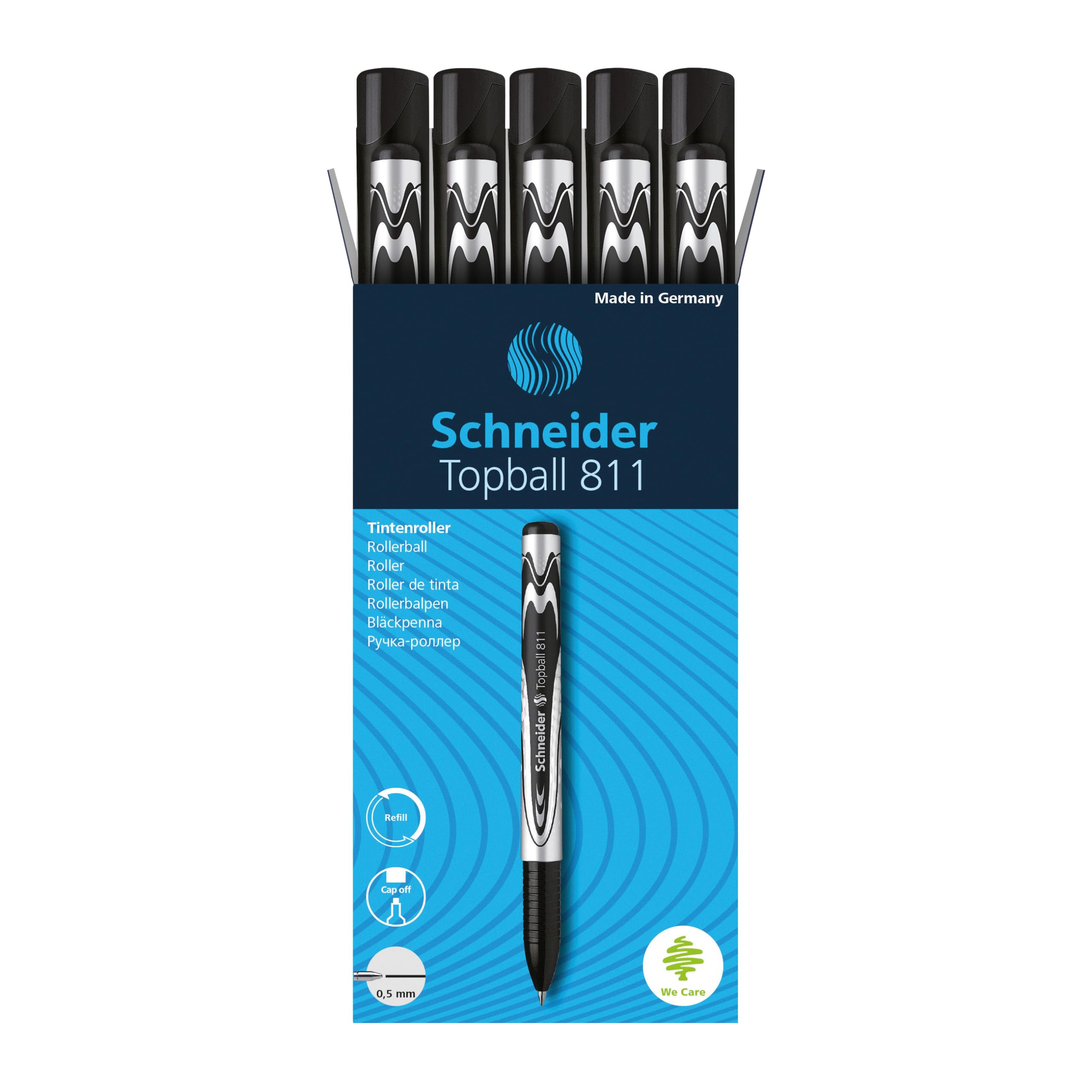 Schneider Topball 811 Rollerball Pen, 0.5 Mm Conical Tip, Refillable, Black Ink, Box Of 10 Pens (8111)