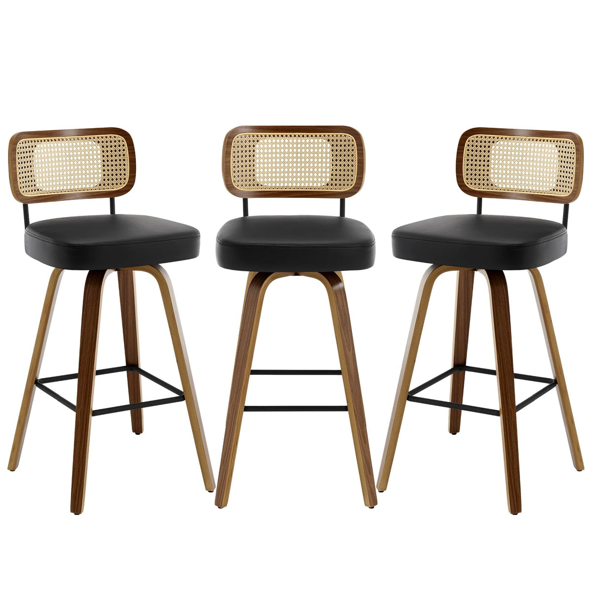 Bekrvio Swivel Bar Stools Set Of 3, Upholstered Faux Leather Barstools With Rattan Back, 29' Seat Height Bar Chairs For Kitchen Island, Bentwood Wood Frame, Black