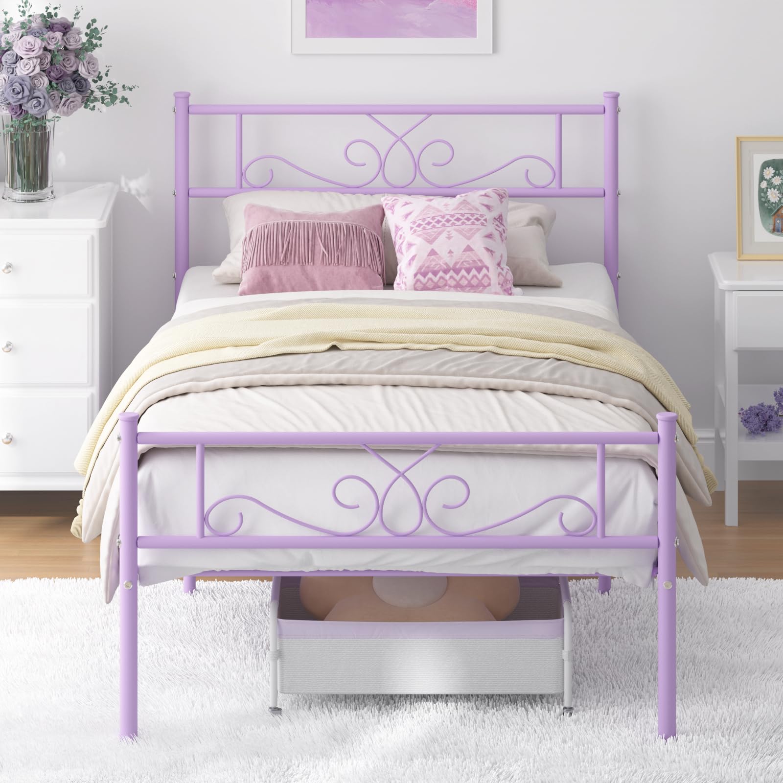 Weehom Twin Size Bed Frame With Headboard And Footboard Steel Slats Support Twin Metal Bed No Box Spring Needed Easy To Assembly, Purple