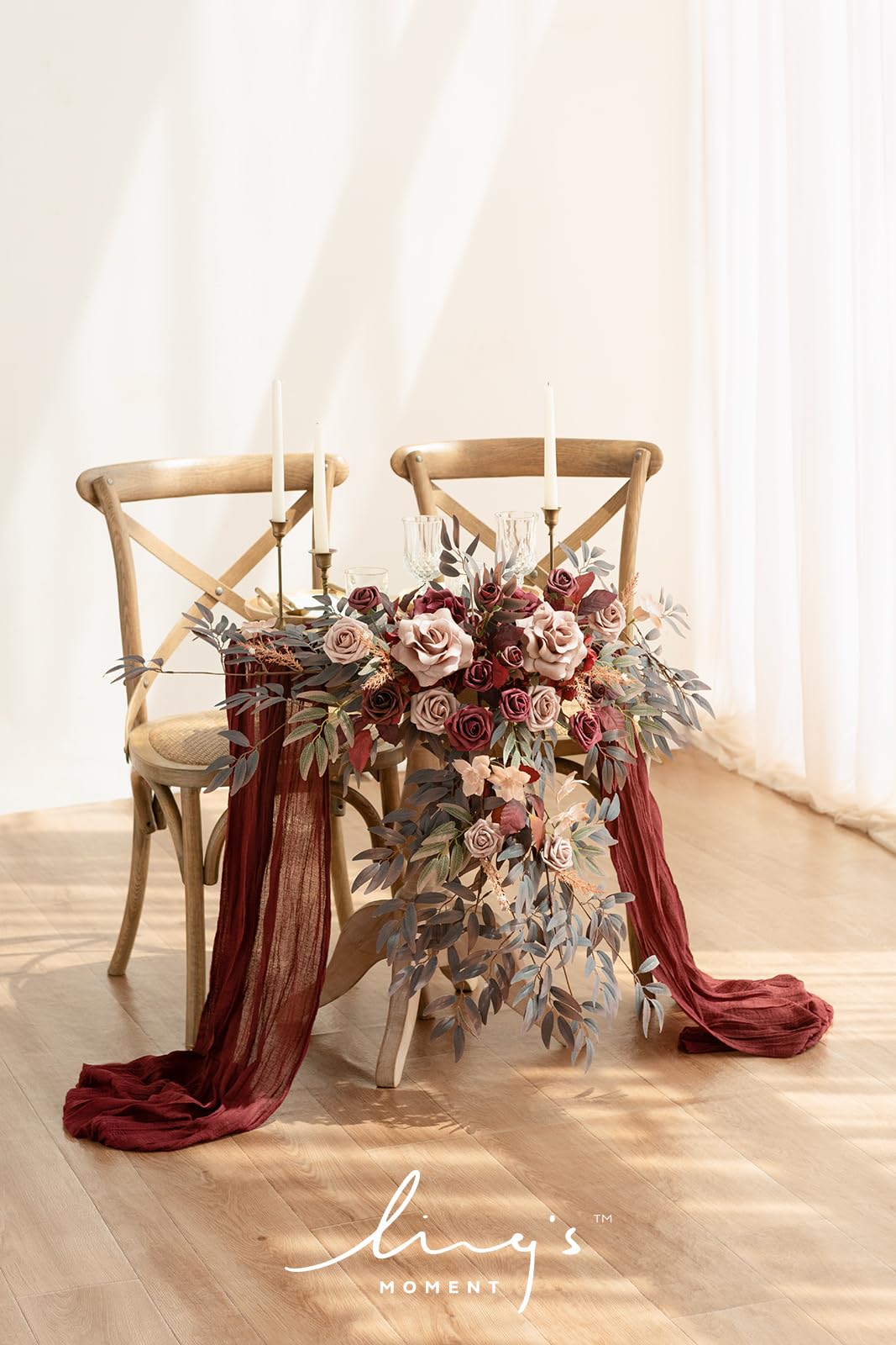 Ling'S Moment 2Pcs Artificial Floral Swags Centerpieces Burgundy Wedding Flower Greenery Arrangements For Sweetheart/Head Table