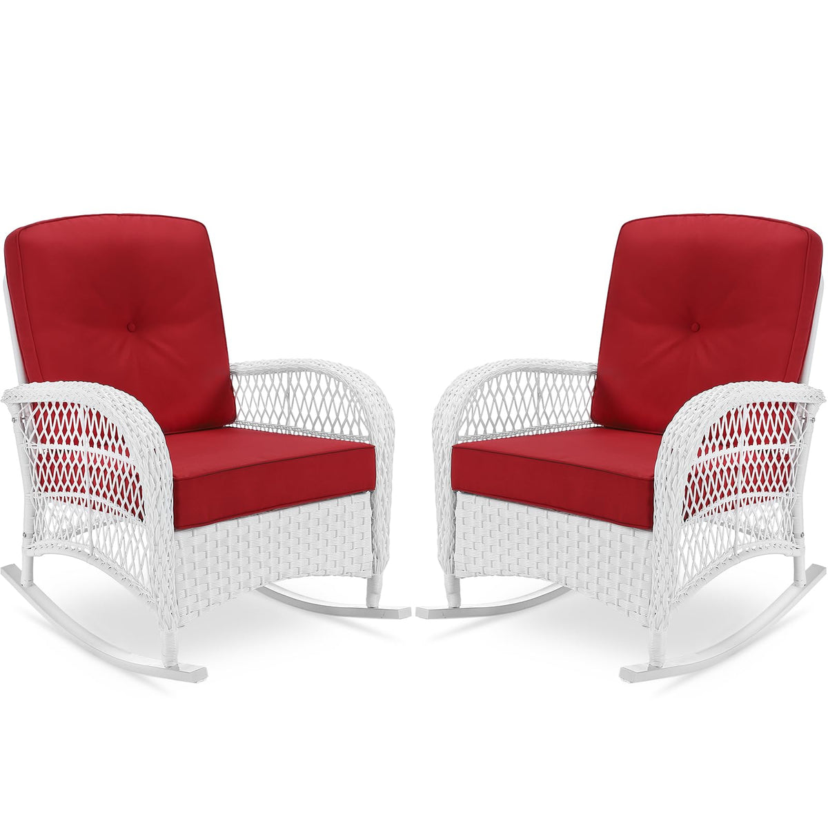 Vivijason 2 Piece Patio Wicker Rattan Rocker Chair, Outdoor Rattan Rocker Chair With Cushions & Steel Frame, All-Weather Rocking Lawn Wicker Furniture For Garden Backyard Porch (White Wicker/Red)