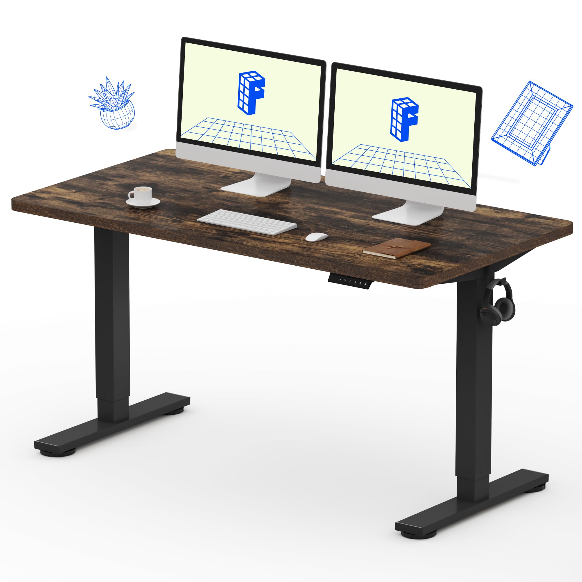 Flexispot Adjustable Desk, 55X28 Electric Standing Desk Sit Stand Desk Whole-Piece Desk Board For Home Office (Black Frame + Rustic Top, 2 Packages)