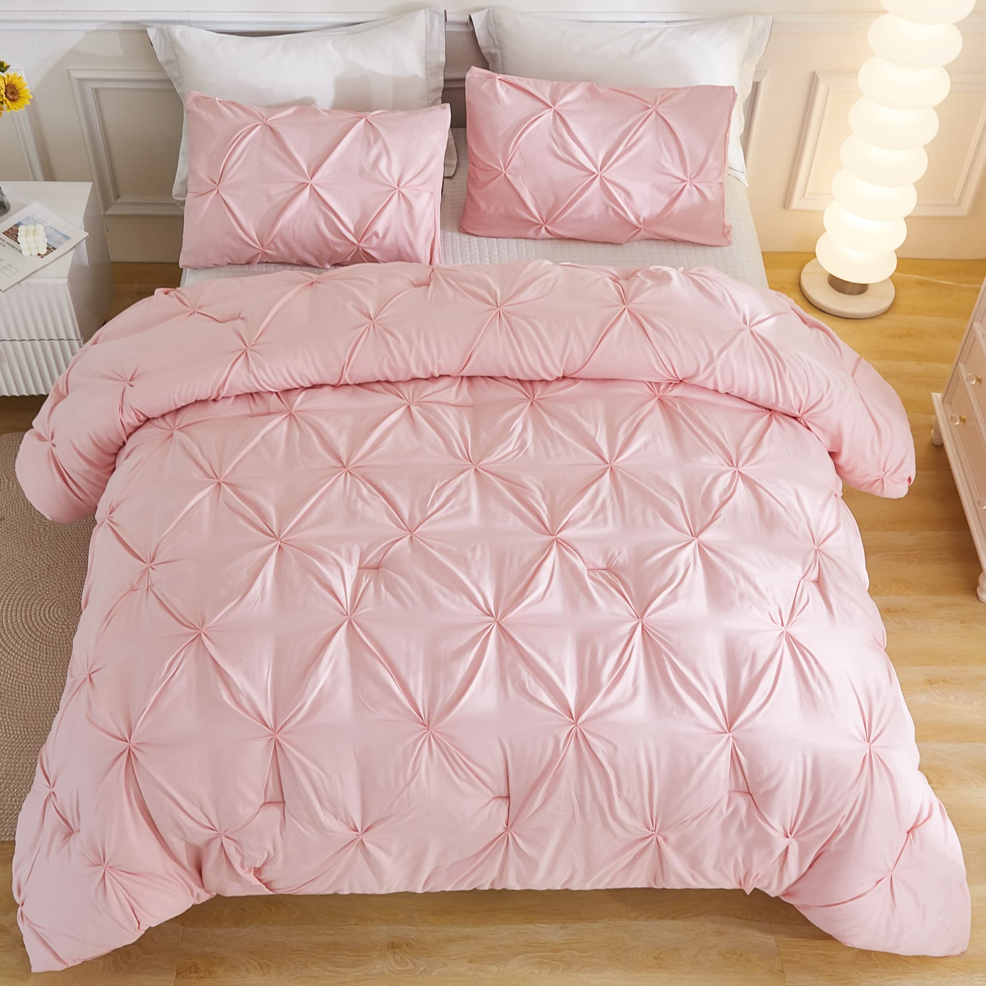 Andency Pink Full Size Comforter Set (79X90Inch), 3 Pieces Soft Lightweight Cute Pinch Pleat Comforter Set For Kids Girls Teens,