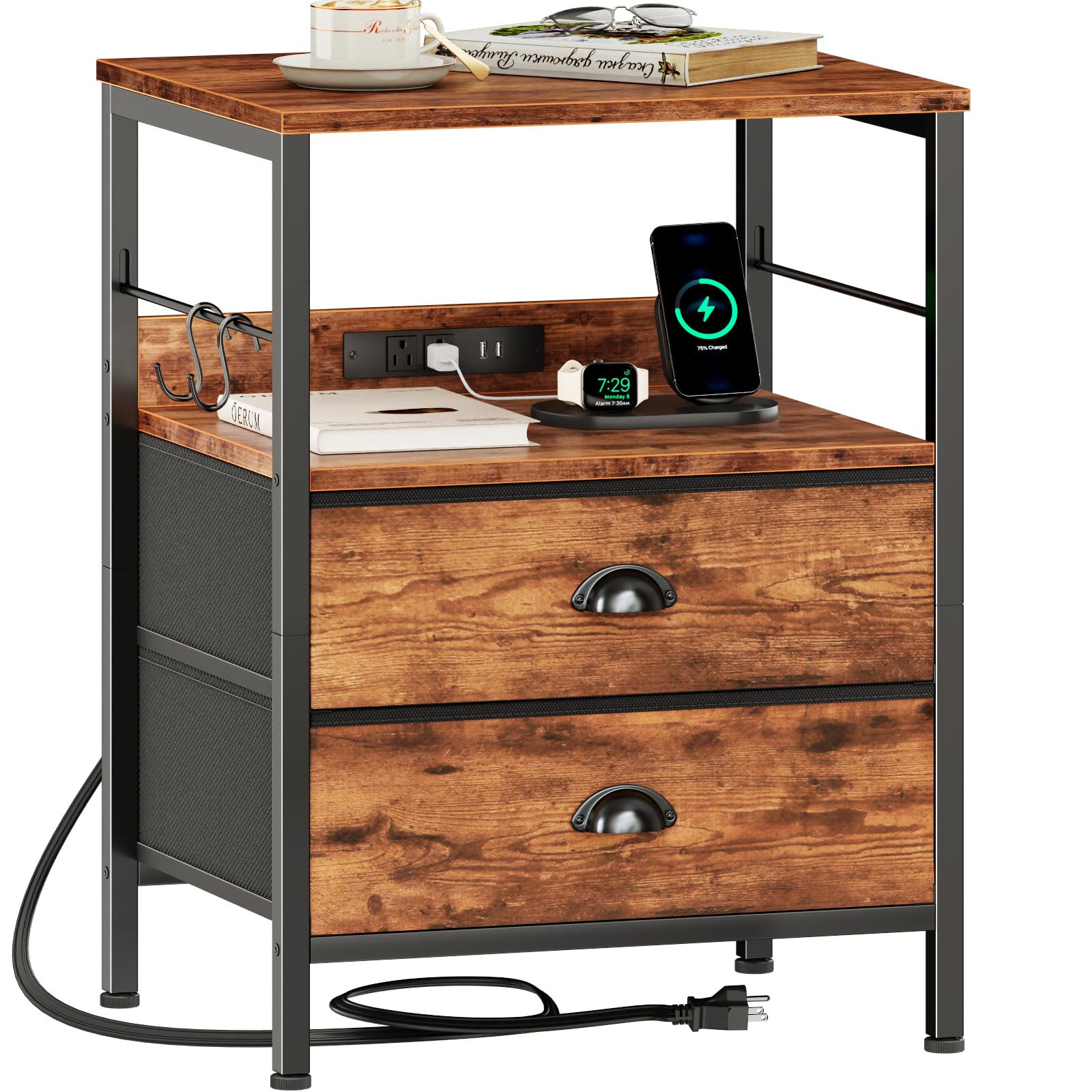 Furologee Night Stand with Charging Station, Bedside Table with Fabric Drawers, End Table with USB Ports & Outlets, Rustic Night