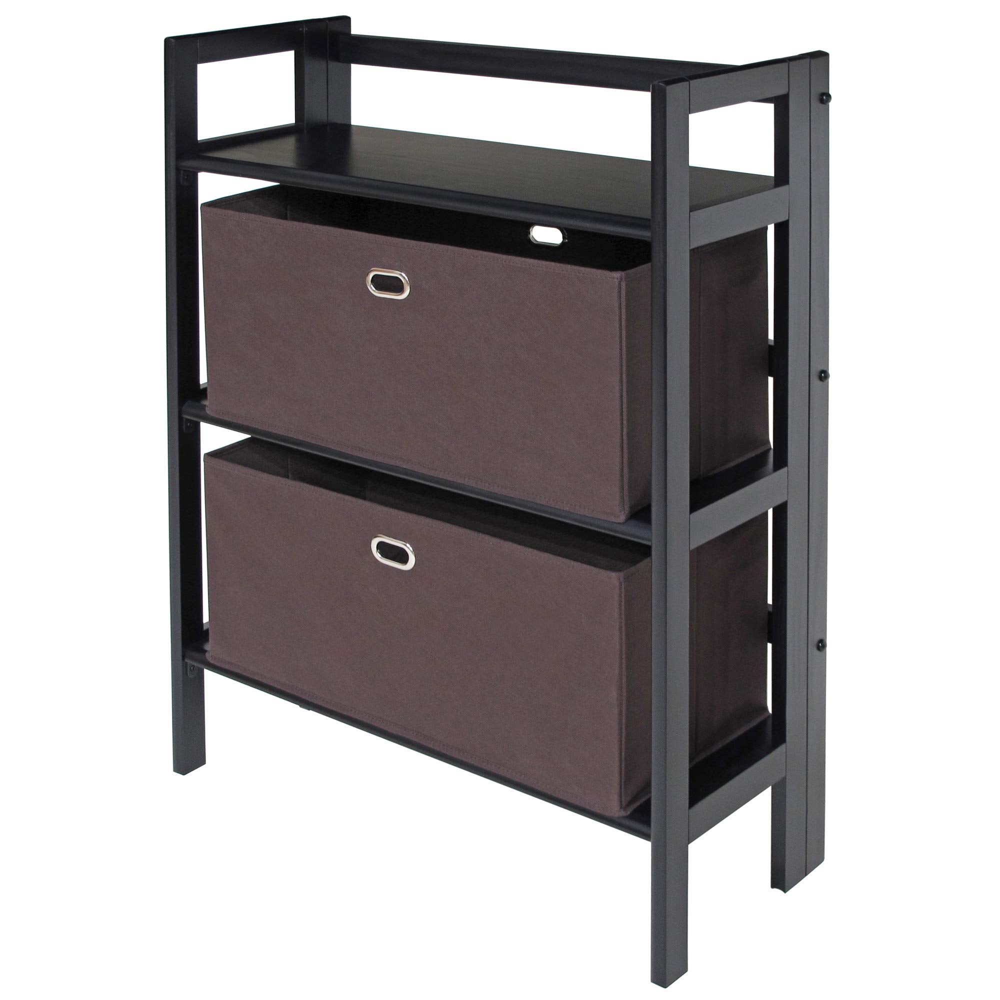 Ergode Wood Omaha Storage Rack | 2 Foldable Baskets | Black Finish | Sturdy Shelves | Easy Assembly | Ideal for Organizing Any Room | (20382-VV)