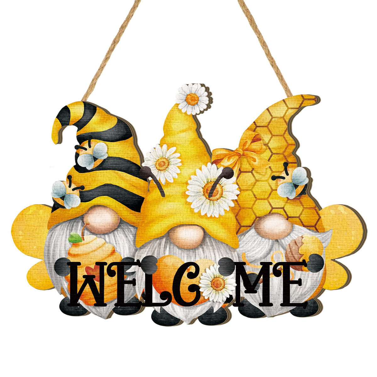 Bee Welcome Wood Door Hanger Wooden Gnome Sign Farmhouse Wall Porch Art Summer Front Door Wreath Hanging for Bedroom Living Room