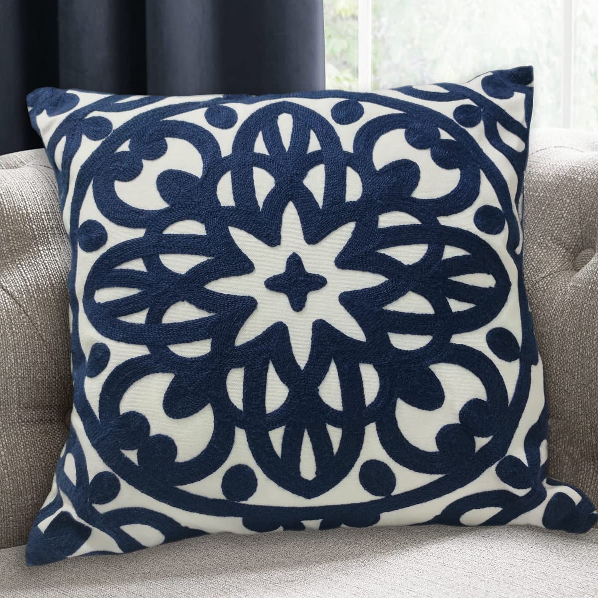 Alysheer Embroidered Decorative Throw Pillow Cover 18X18 Inch, Cozy Warm Boho Mandala Chic Knit Pattern Durable 100% Cotton Canv