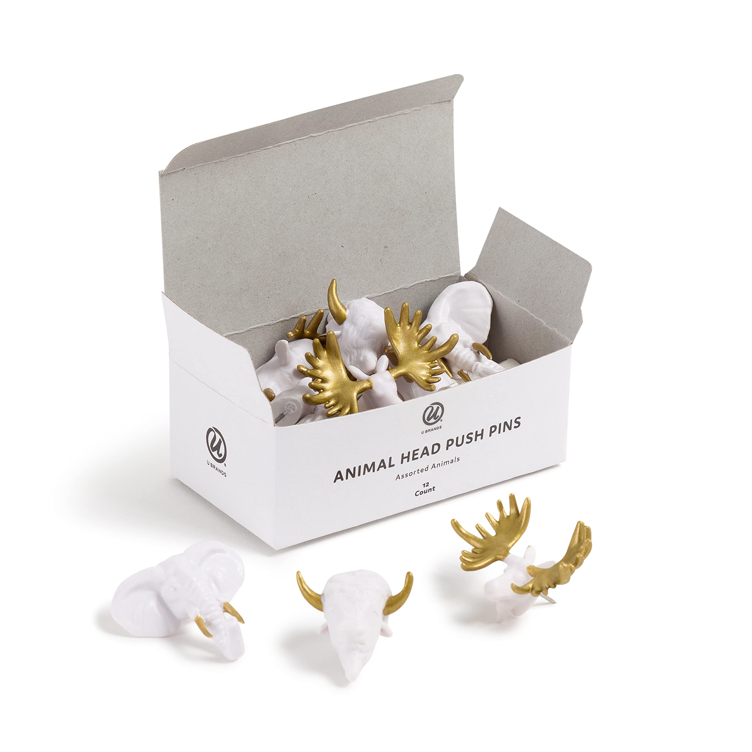 U Brands Gold And White Assorted Animal Head Push Pins Set, Office Supplies, Six Styles, 12 Count
