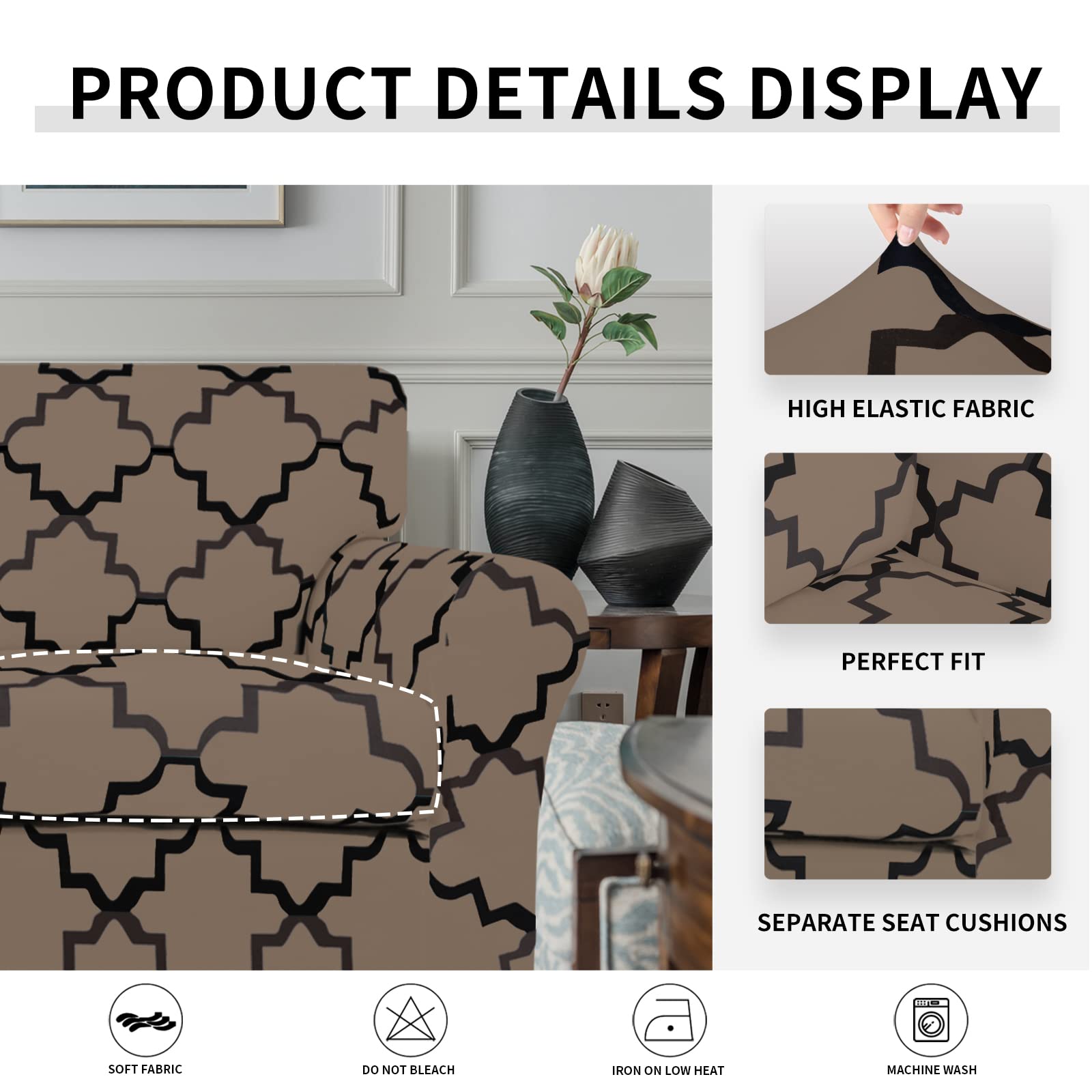 Easy-Going 2-Piece Stretch Couch Cover Print Fleece Sofa Slipcover, Micro Fiber Stylish Furniture Protector For 1 Cushion Sofa, Pets, Kids, Children, Dog (Chair, Quatrefoil/Camel)