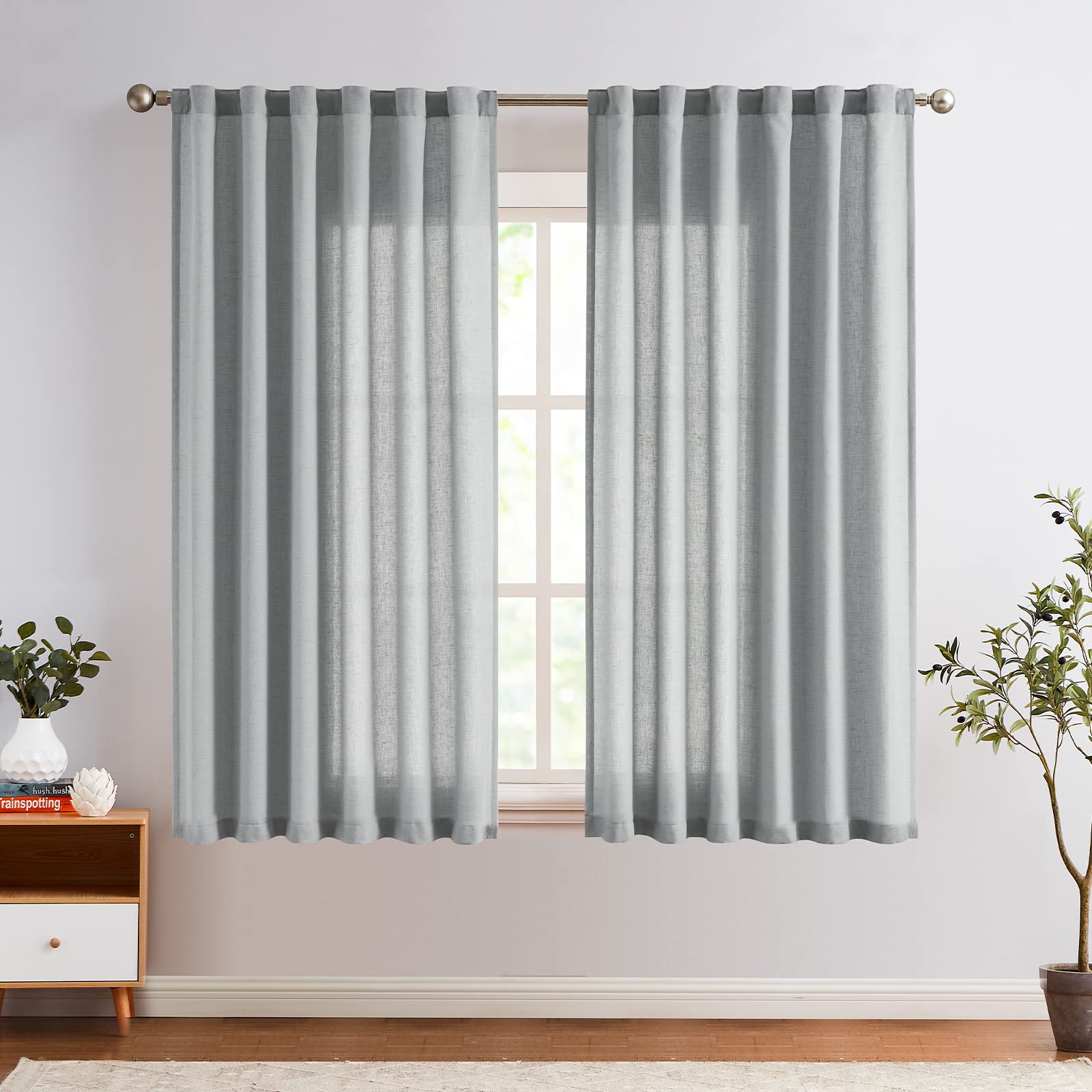 Jinchan Linen Grey Curtains 63 Inch Length For Living Room Farmhouse Rod Pocket Back Tab Light Filtering Window Drapes For Bedroom 50X63 Gray 2 Panels