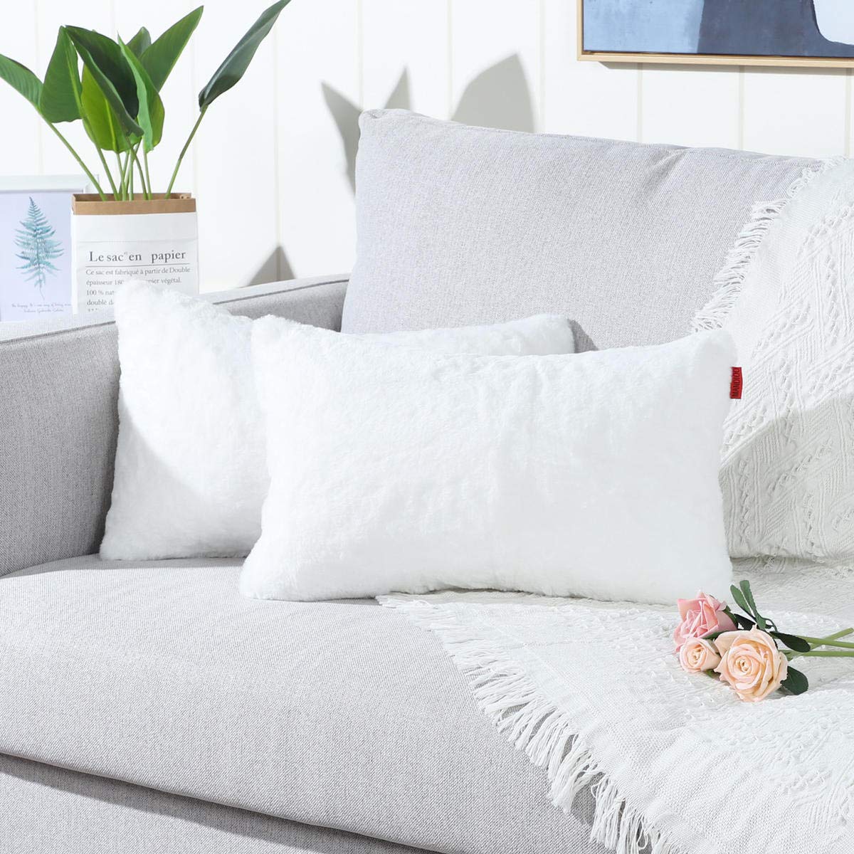 Mandioo Pack Of 2 Pure Snow White Faux Fur Fuzzy Cozy Soft Decorative Throw Pillow Covers Set Lumbar Cushion Cases Pillowcases F