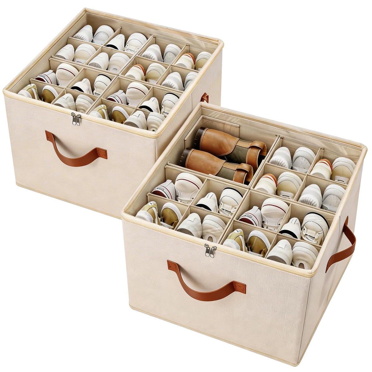 ???????????????? Shoe Storage Organizer 2 Pack, Fabric Stackable Shoe Box with Clear Lid & Adjustable Dividers, Foldable Closet 