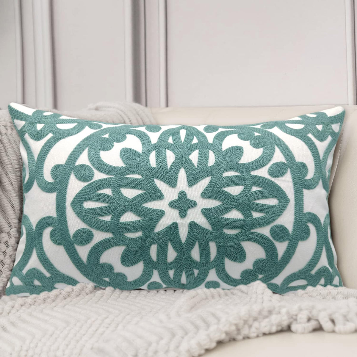 Alysheer Embroidered Lumbar Decorative Throw Pillow Cover 12'X 20', Classic Boho Mandala Embroidery Pattern Cotton Farmhouse R